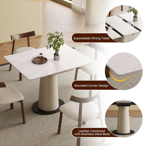 English Elm Retractable Rock Slab Dining Set with Leather Wrapped Base for Compact Apartments W2700S00103