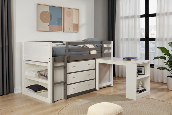 English Elm Contemporary Twin Bunk Bed With Shelves & Nesting Desk, 3 Drawers - Space-Saving White & Gray Design B2741S00691