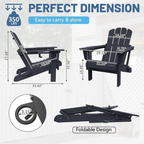 English Elm Adirondack Hdpe Folding Chair Set Outdoor Patio Fire Pit Seating with Cup Holder Black W1859P453299