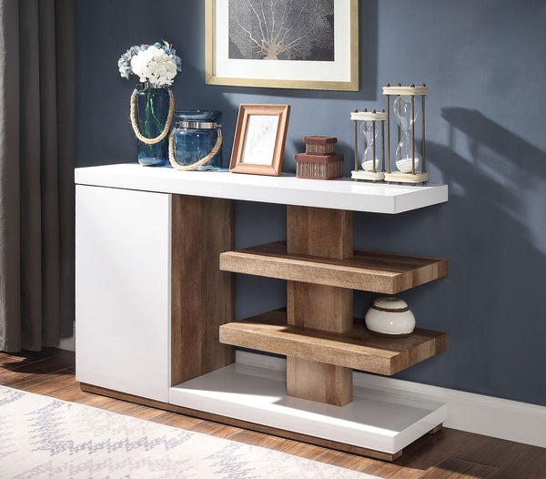 English Elm Modern Sculpted Sofa Table with Two-Tone Finish, Open Shelves for Display and Minimalist Storage Elegance Natural,White 53 L x 23 W x 11 H B2741P357608