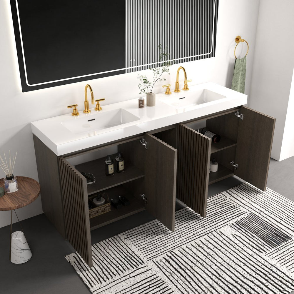 English Elm Galan 72 Inch Double Sink Vanity Fluted Wood Quartz Top Freestanding Bathroom Cabinet Oak,Smoke W1865S00227