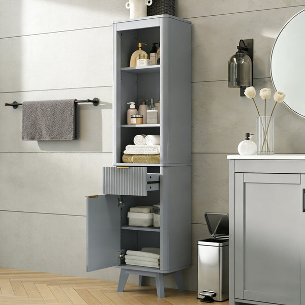 English Elm 68" Tall Fluted Freestanding Storage Cabinet with Drawer and Adjustable Shelf for Bathroom Gray N817P375218G