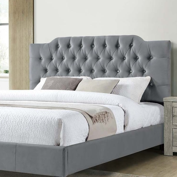 English Elm Gorgeous Arched Tufted Faux Leather Queen Bedframe with Diamond Headboard Trim and Modern Elegance Gray 59 L x 45 W x 6 H B011S02012