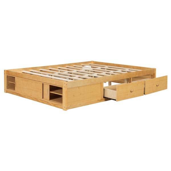 English Elm Queen Platform Bed with Four Storage Drawers Footboard Cubby Modern Low Profile Frame Natural LP000138AAN