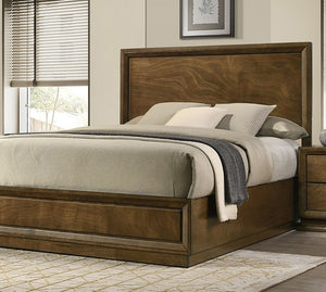 English Elm Walnut Finish King Bedroom Set Carved Headboard Rubberwood Frame with Two Nightstands B2741S00217