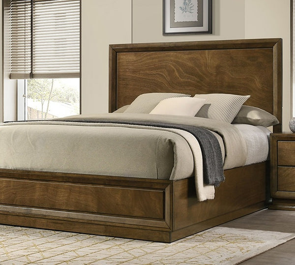 English Elm Strong Walnut Panel Bed Full Size Carved Headboard Transitional Rubberwood Bedroom Frame B2741S00214