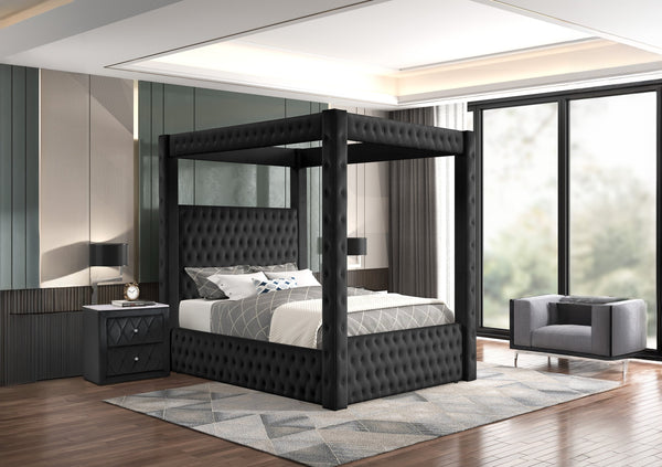 English Elm 1pc Majestic Canopy Four-Poster Queen Bed with Tufted Velvet Headboard & Footboard, Luxurious Statement Black 89 L x 26 W x 6 H B2741S00126