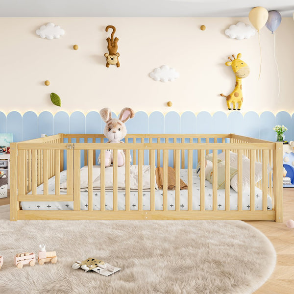 English Elm Queen Kids Floor Bed Pine Wood Frame with Safety Rails Door and Low Profile Design Natural W1580P417673