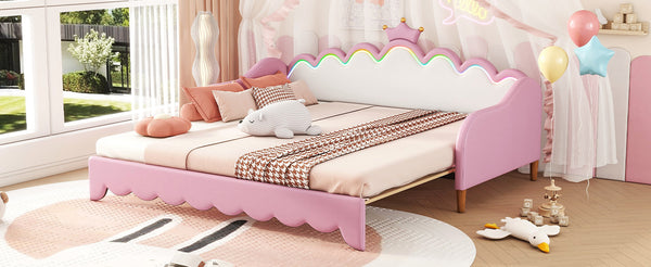English Elm Twin Extending Daybed with LED Crown Headboard, Upholstered Princess Design for Cozy Kids Room Pink 45 L x 23 W x 7.2 H HL000104AAH