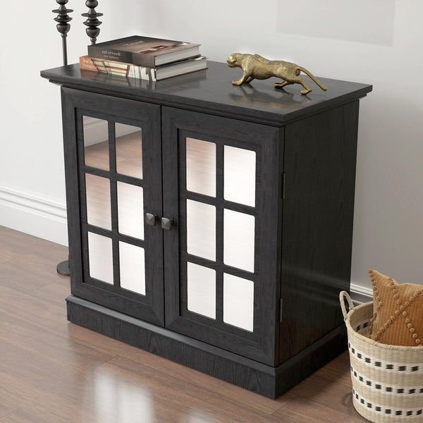 English Elm Storage Sideboard with Mirrored Acrylic Doors and Wood Grain Mdf Finish for Compact Rooms Black W2899P372748