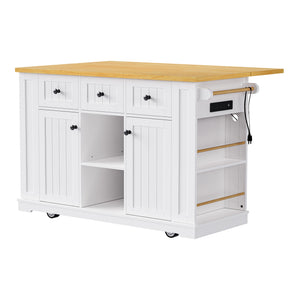 English Elm K&k 53 Inch Rolling Kitchen Island with Drop Leaf Power Outlet and Open Storage Racks White N707S185531W