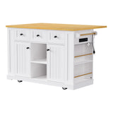 English Elm K&K 53Inch Large Kitchen Island With Drop Leaf, Power Outlet, Door Internal Storage Rack, Rolling Kitchen Cart On 5 Wheels With 5 Open Side Racks For Kitchen, Dining Room,White(Not Include Bar Stools)