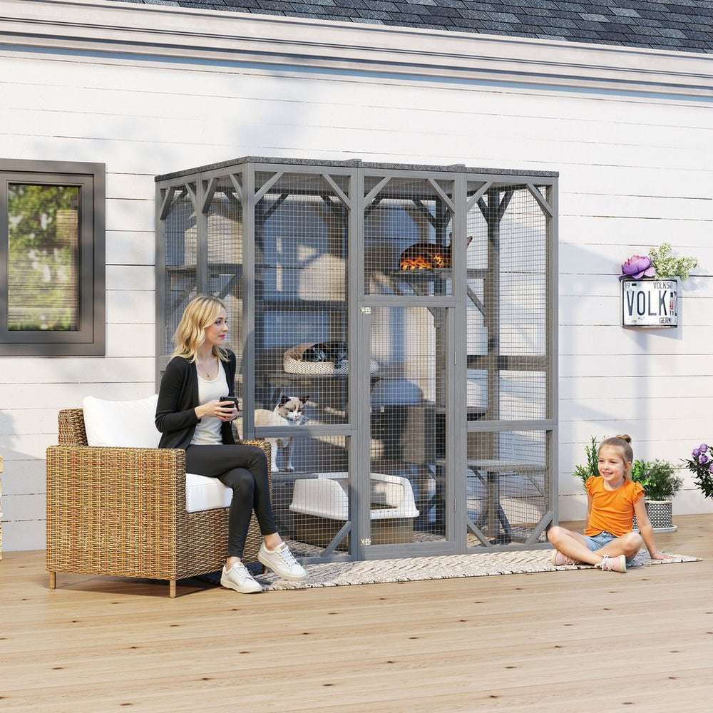 English Elm Outdoor Fir Wood Cat Enclosure Three Tier Six Platform Habitat with Waterproof Roof W1598P390796