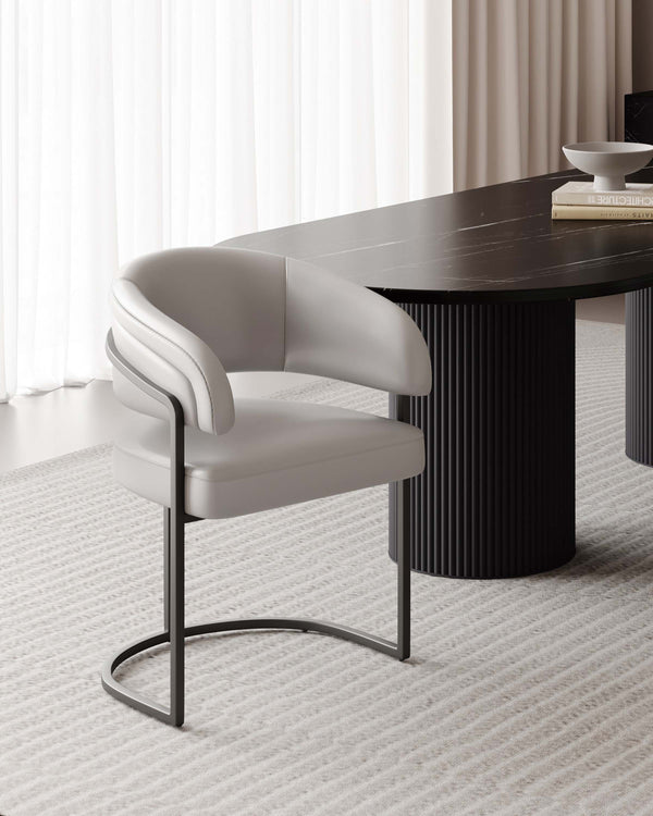 English Elm Augusta Metal Vegan Leather Dining Chair with Quilted Foam Padding and Matte Black Geometric Base LIGHT GREY B365P397772