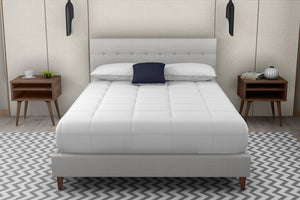 English Elm Queen Upholstered Bed Set with Stone Polyester Headboard and Walnut Nightstands B2699S00076