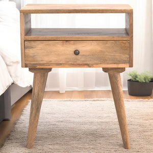 English Elm Modern Nightstand Solid Wood Oak Finish with Open Slot & Drawer, Nordic Legs, Compact Chic Design B182P166481