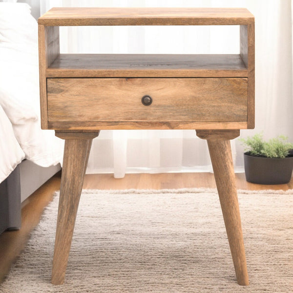 English Elm Modern Nightstand Solid Wood Oak Finish with Open Slot & Drawer, Nordic Legs, Compact Chic Design B182P166481