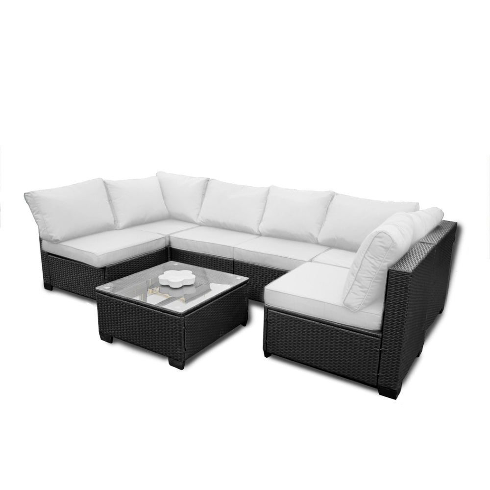 English Elm Seven-Piece Outdoor Rattan Sofa Set With Table & Beige Cushions - Stylish, Durable Patio Furniture W3152S00003-GIGA