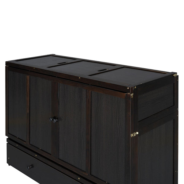 English Elm Queen Murphy Wall Bed with Pull Out Drawer and Built in Usb Charging Cabinet Espresso N708P205905P