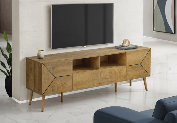 English Elm Tv Stand 72 Inch Mid-Century Console with Solid Wood Legs, Push Latch Drawers, Cable Management System Walnut 76 L x 19 W x 5 H B2710P287028