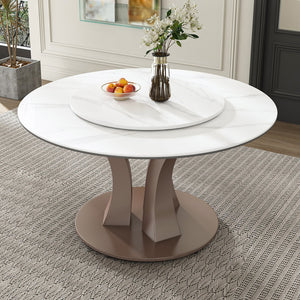 English Elm 59" Round Dining Table With Lazy Susan & Heat-Resistant Stone Top - Perfect For Home & Events! W2699S00077