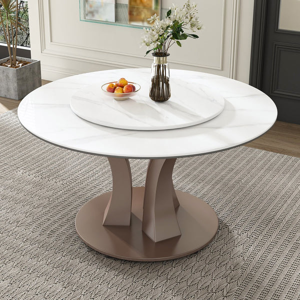 English Elm 59" Round Dining Table With Lazy Susan & Heat-Resistant Stone Top - Perfect For Home & Events! W2699S00077