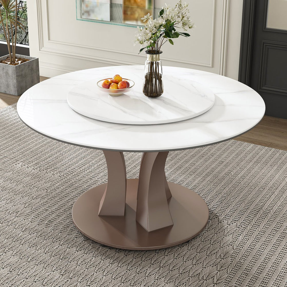English Elm 53" Round Dining Table With Lazy Susan - Stylish Sintered Stone Top For Dining & Events, Heat Resistant W2699S00049