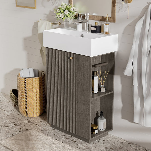 English Elm [video]21.6" Freestanding Bathroom Vanity Ceramic Sink Wavy Door Mdf Cabinet Small Bath Dark Gray N729P285504G