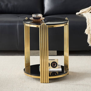 English Elm 16.9inch Round End Table Dual Tier Black Tempered Glass Gold Steel Frame Modern Accent W3357P395504