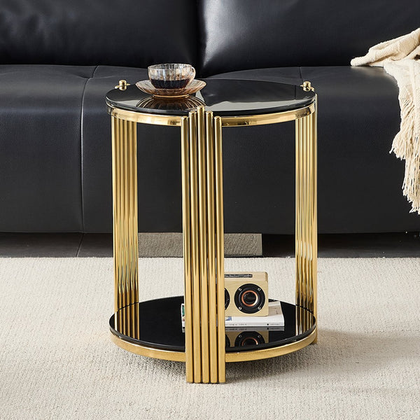 English Elm 16.9inch Round End Table Dual Tier Black Tempered Glass Gold Steel Frame Modern Accent W3357P395504
