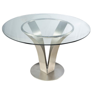 English Elm Cleo Square Tempered Glass Dining Table with Sculptural Brushed Steel Base Seats Four B2736S00034