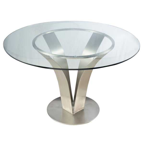 English Elm Cleo Square Tempered Glass Dining Table with Sculptural Brushed Steel Base Seats Four B2736S00034