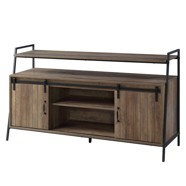 English Elm Rashawn Rustic Oak TV Stand with Black Frame, Sliding Barn Doors, 6 Compartments & Open Shelf B2726P256332