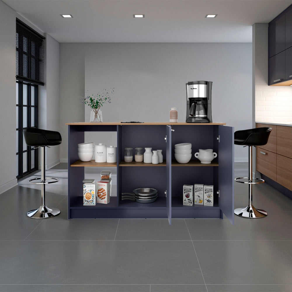 English Elm Kronos Modern Blue And Natural Oak Kitchen Island With Ample Storage, Open Shelves, And Stylish Design B062S01387