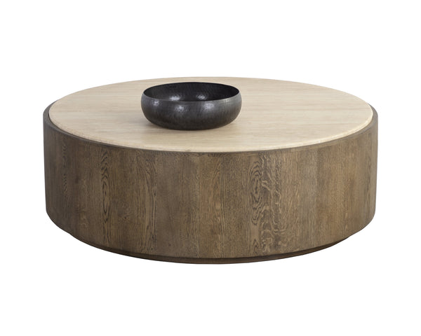 Sunpan Oberon Coffee Table – Handcrafted Round Design with Solid Travertine Top and Oak Veneer Base Small - W x 48D x 16.25H