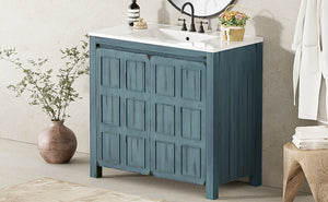 English Elm 36" Bathroom Vanity Organizer with Ceramic Sink, Solid Wood Distressed Finish, Hand-Painted Charm and Ample Storage Retro Blue N729P255666C