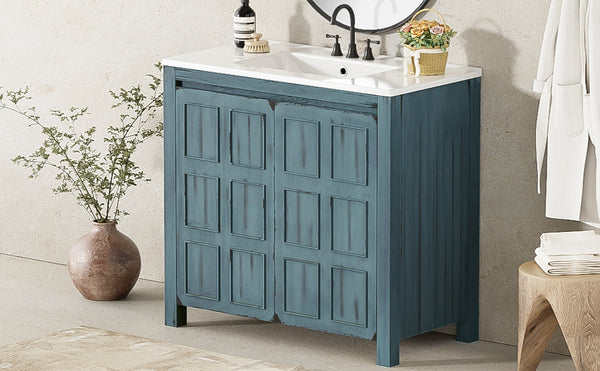 English Elm 36" Bathroom Vanity Organizer with Ceramic Sink, Solid Wood Distressed Finish, Hand-Painted Charm and Ample Storage Retro Blue N729P255666C