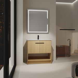 English Elm 36" Modern Bathroom Vanity With Ceramic Sink, Soft Closing Doors & Open Shelf For Stylish Storage W1972S00019