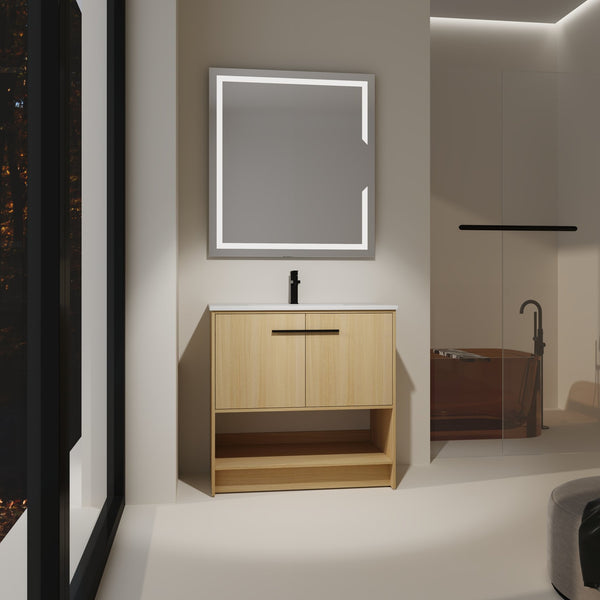 English Elm 36" Modern Bathroom Vanity With Ceramic Sink, Soft Closing Doors & Open Shelf For Stylish Storage W1972S00019