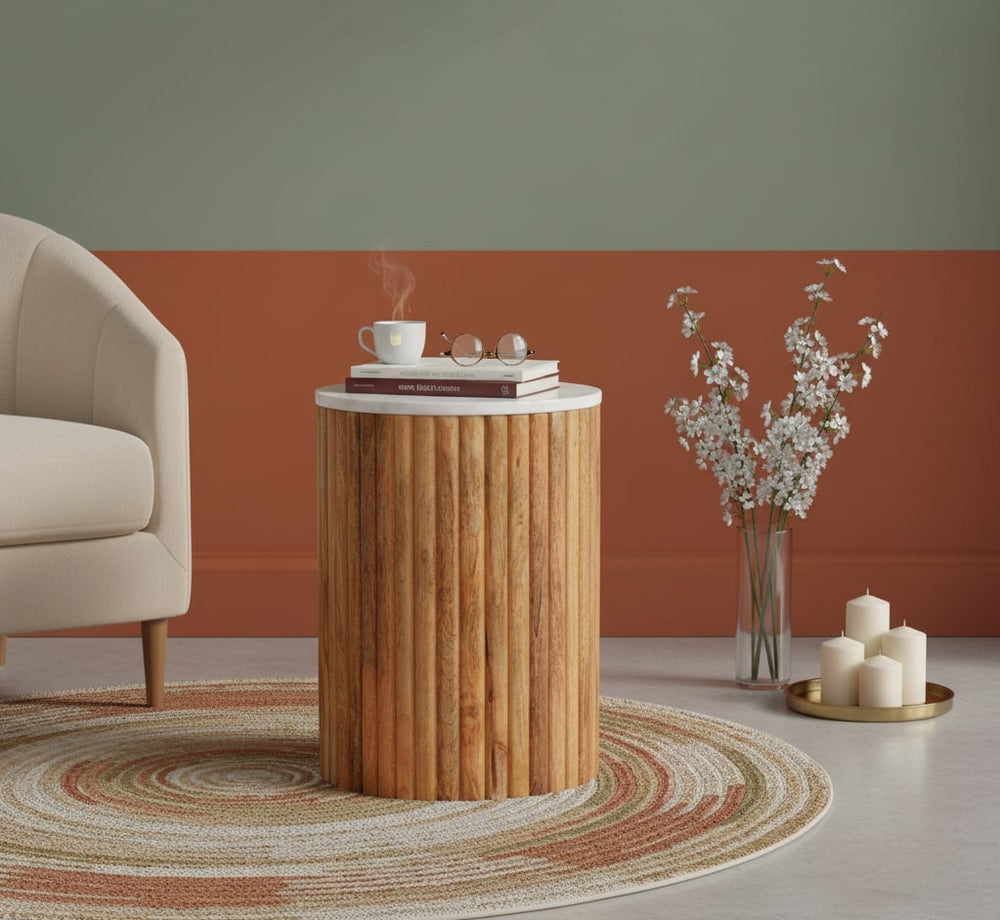 English Elm Artisan Mango Wood Fluted Side Table with Veined Marble Top for Modern Interiors B182P429609