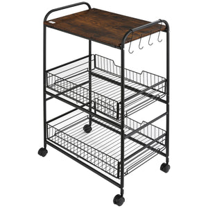 English Elm HOMCOM Rustic Brown 3-Tier Rolling Kitchen Cart with 2 Pull-Out Baskets, Side Hooks & Brake Wheels W2225P217410