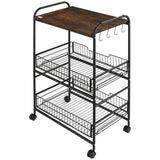 English Elm Homcom 3 Tier Rolling Kitchen Cart With Storage, Kitchen Island Cart On Wheels With 2 Sliding Fruit Basket, Microwave Cart With Side Hooks For Dining Room, Brown