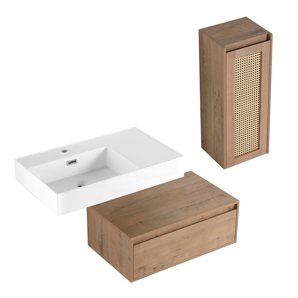 English Elm 30 Inch Wall-Mounted Bathroom Vanity With Soft-Close Drawer & Resin Sink, Space-Saving Design W999S00348