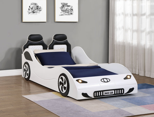 English Elm Colen Twin Car Bed with LED Lights, White PU Upholstery, Wheels Trim, No Box Spring Needed – Kid's Stylish Sleep Racer B2726S00074