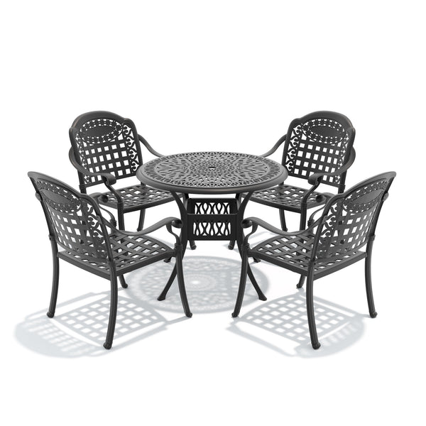 English Elm 5-piece Cast Aluminum Outdoor Dining Set with Ornate Carved Patio Chairs and Table W1710S00626