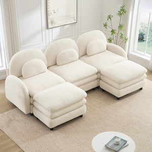 English Elm Teddy Fleece Modular Cloud Sofa Plush Three Seat Sectional with Movable Ottomans Beige White W5656S00084