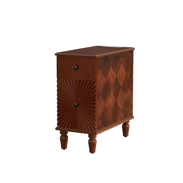 English Elm 2 Drawer Modern Sofa Side Table with Charging Station, Walnut Slim Nightstand with 2 AC/2 USB, 2 Drawers, Fully Assembled W2593P289143