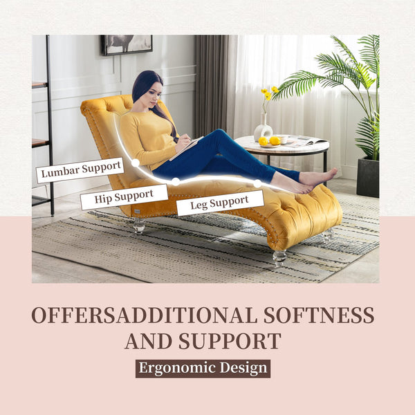 English Elm Velvet Curved Chaise Lounge Sofa with Button-Tufted Back, Thick Foam Cushion & Acrylic Legs for Living Room Comfort Mustard W39538680