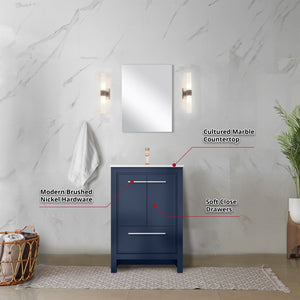 English Elm Navy Blue Bath Vanity Set With Cultured Marble Top, Rose Gold Faucet And 18" Mirror For Modern Spaces B2731S02030