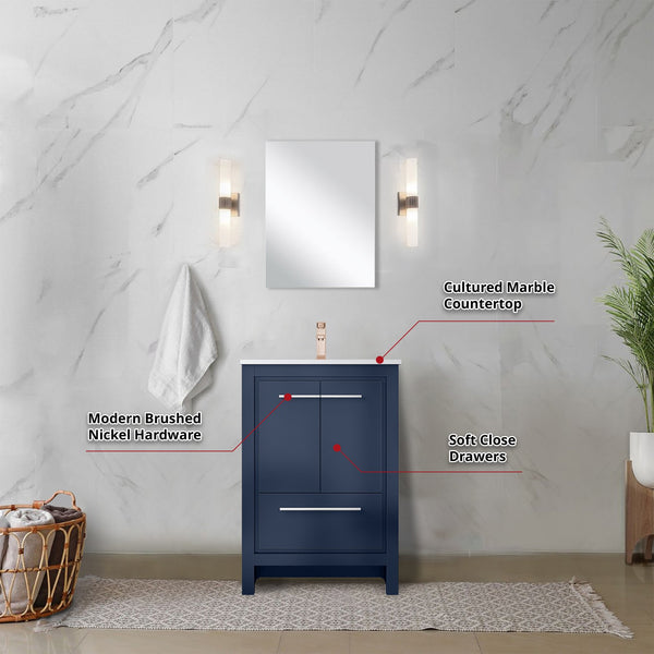 English Elm Navy Blue Bath Vanity Set With Cultured Marble Top, Rose Gold Faucet And 18" Mirror For Modern Spaces B2731S02030